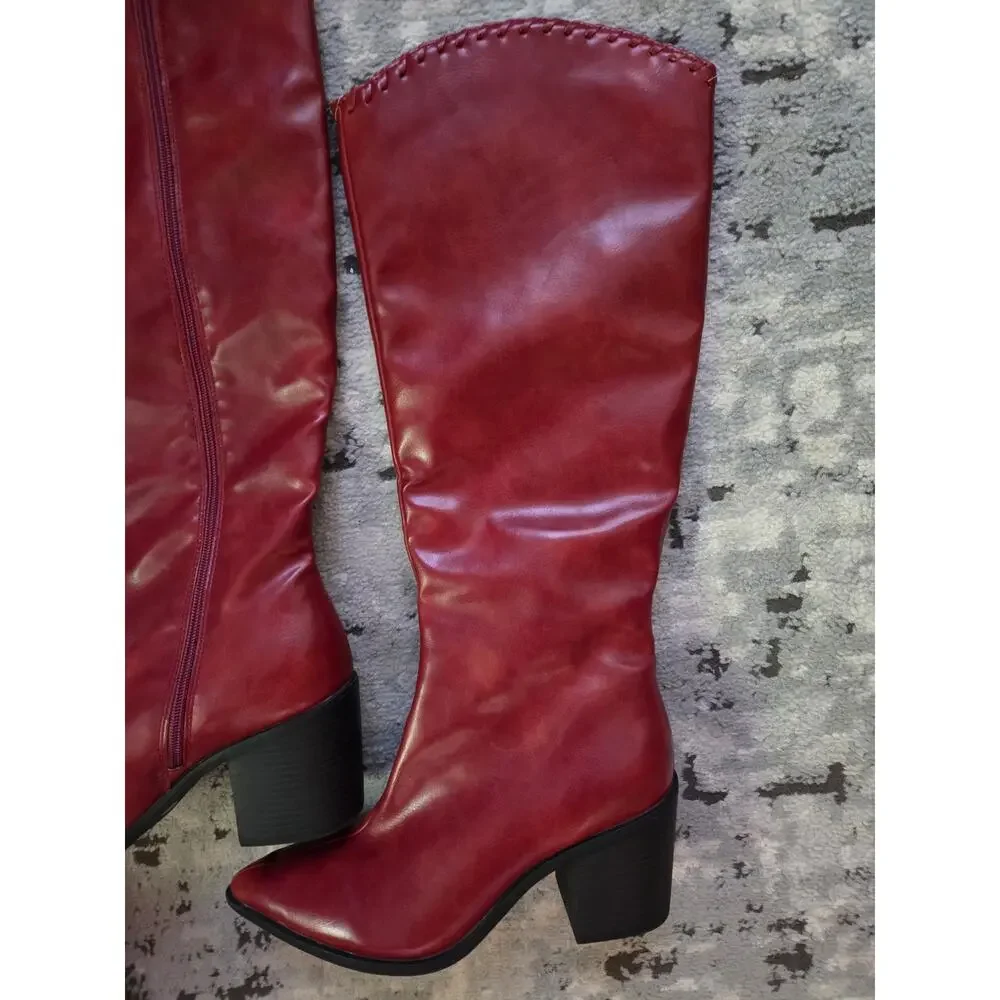 Red Burgundy Knee-High Patent Vegan Leather Boots Western Party Sexy Moto